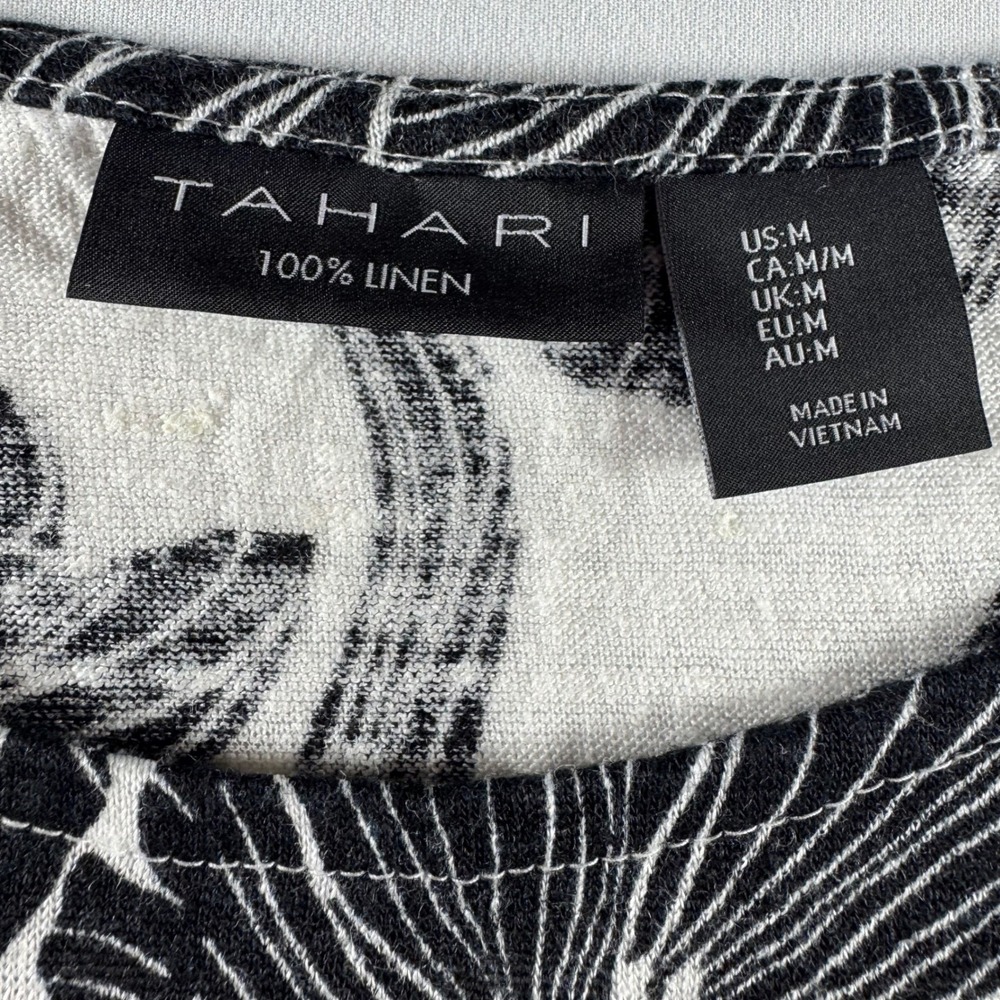 Tahari 100% Linen Floral Cap Sleeve Top Black White Size M Curved Hem Casual - Picture 3 of 4